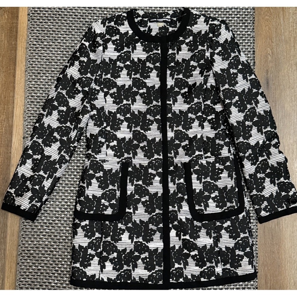 Karl Lagerfeld Paris Womens Black White Monochromatic Textured Floral Jacket 4